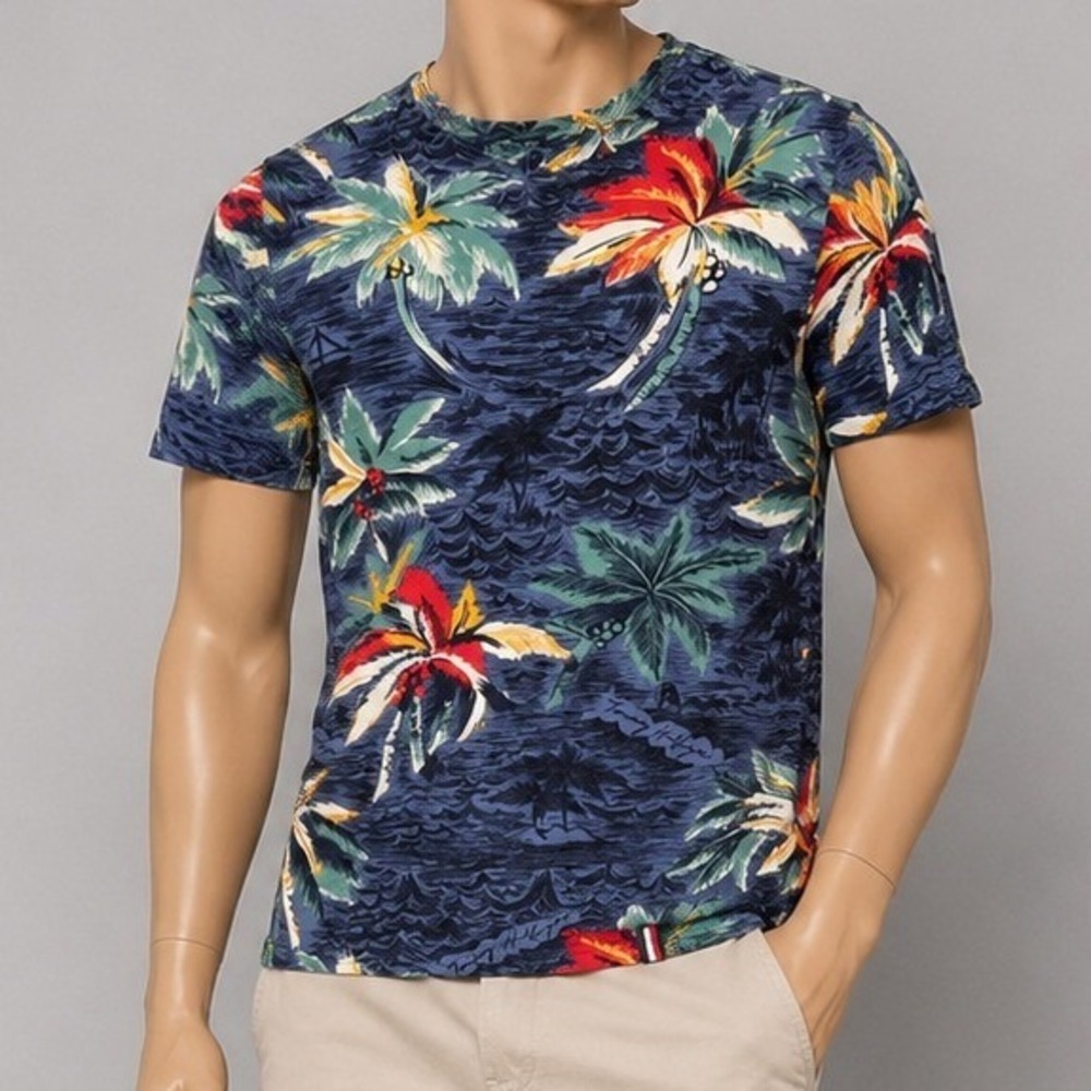 Tommy Hilfiger Mens T-Shirt Tropical Palm Tree Navy Blue Floral Small